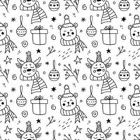 Christmas seamless pattern. Cute faces of deer and bear, New Year's gifts, Christmas balls, stars and twigs. Vector hand-drawn illustration in doodle style. Perfect for wrapping paper, packaging,decor