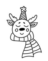 Cute smiling deer in a festive hat with a pompom and a scarf isolated on white background. Vector hand-drawn illustration in doodle style. Perfect for cards, decorations, holiday designs.
