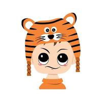 Avatar of boy with emotions of suspicious, displeased face in tiger hat. Cute kid with annoyed expression in carnival costume for New Year, Christmas and holiday. Head of adorable child vector