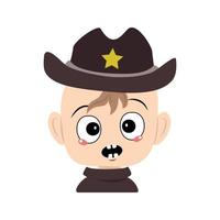 Avatar of child with emotions panic, surprised face, shocked eyes in sheriff hat with yellow star. Cute kid with scared expression in carnival costume. Head of adorable baby vector