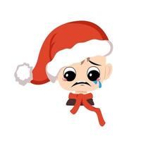 Boy with crying and tears emotion, sad face, depressive eyes in red Santa hat. Cute kid with melancholy expression in carnival costume for New Year, Christmas and holiday. Head of adorable child vector