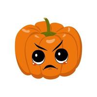 Cute pumpkin character with angry emotions, grumpy face, furious eyes. Festive decoration for Halloween. Mischievous vegetable hero vector