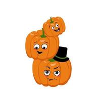 Family of cute pumpkin characters with happy emotions. Mom, dad and child face. Cheerful vegetable for the holiday Halloween. Festive autumn decoration for October vector