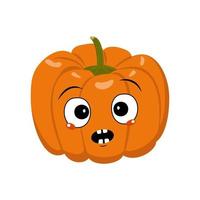 lindo personaje de calabaza con pánico de emociones, cara de sorpresa, ojos conmocionados. decoración festiva para halloween. héroe vegetal travieso vector