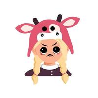 Girl with blonde hair and angry emotions, grumpy face, furious eyes in cow hat. Head of cute child with furious expression in carnival costume for the holiday, Christmas or New year vector