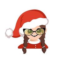 Avatar of girl with big eyes and glasses, wide happy smile in red Santa hat. Cute kid with a joyful face in a festive costume for New Year and Christmas. Head of adorable child with joyful emotions vector