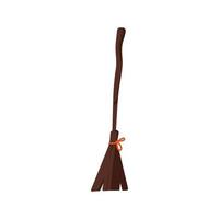 Witch broom with curved handle and bow. Magic item, halloween party decoration vector