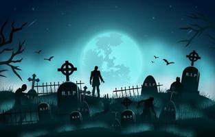 Halloween Background with Zombies Silhouette in The Graveyard vector