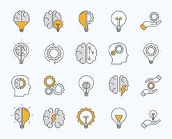Brainstorm icons set. Artificial light, brain, lightbulb, creative, Development, knowledge, brainstorming, brainstorm solution. Vector Illustration