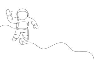 One single line drawing of young astronaut in spacesuit flying at outer space vector illustration. Spaceman adventure galactic space concept. Modern continuous line draw graphic design