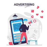 Advertising isolated cartoon concept. Man attracts clients in social media at mobile app, people scene in flat design. Vector illustration for blogging, website, mobile app, promotional materials.