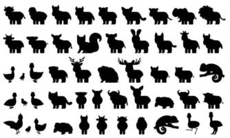 Big bundle of silhouette domestic, farm forest wild animals, birds. Black white vector illustration of collection of cartoon characters isolated on white background