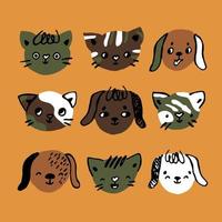 Cute set of vector dogs, puppies, cats, kittens. Hand drawn isolated animals heads in green, brown, black, white colors on yellow background