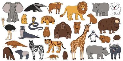 Cute vector isolated animals big set. Elephant, orangutan, monkey, lion, tiger, giraffe, hippo, rhinoceros, tapir, zebra, bear, wombat, snake, penguin, ostrich, wild boar, seal, armadillo, anteater