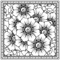 Esquema de patrón de flores cuadradas en estilo mehndi para colorear la página del libro vector