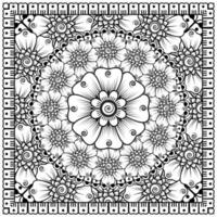 Esquema de patrón de flores cuadradas en estilo mehndi para colorear la página del libro vector