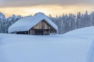 After the snowfall. Last lights of the twilight in Sappada. Magic of the Dolomites photo