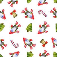 pattern with cute Christmas gnomes and fur trees and decorations depicted vector