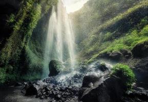 Hermosa cascada de Madakaripura que fluye sobre rocosos en Creek foto