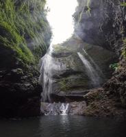 Cascada de Madakaripura que fluye sobre el valle rocoso con plantas en el parque nacional