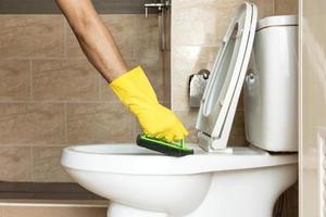 Using a plastic brush to scrub the toilet bowl. photo