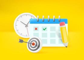 Time management concept. Paper calander, dart and clock vector