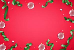 White baubles and green ribbons on red background. Christmas banner with copy space vector