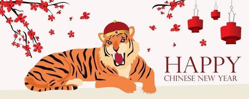 Gold red Chinese New Year card with tiger,flower,lunar.Editable vector illustration for website, invitation,postcard and sticker