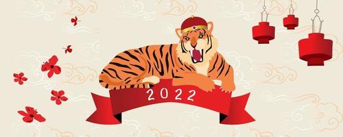 Gold red Chinese New Year card with tiger,flower,lunar.Editable vector illustration for website, invitation,postcard and sticker