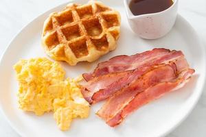 scrambled egg with bacon and waffle photo