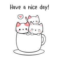 Cute cartoon doodle background card with kitty cat family sit in a coffee cup and greeting vector