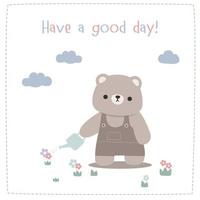 Cute cartoon doodle background card with teddy bear watering flowers vector