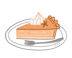 Piece of pumpkin pie with cream on a plate isolated on white background. Vector hand-drawn illustration in cartoon flat style. Perfect for cards, invitations, decorations, menu, holiday designs.
