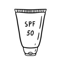 Tube of sunscreen isolated on white background. Lotion 50 SPF for protection from ultraviolet light. Vector hand-drawn illustration in doodle style. Perfect for your project, card, decorations.