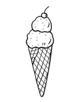 Ice cream in a waffle cone with a cherry. Vector hand-drawn illustration in doodle style isolated on white background. Perfect for your project, card, logo, menu, decorations.