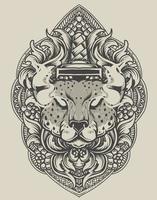 illustration cheetah head with engraving ornament vector