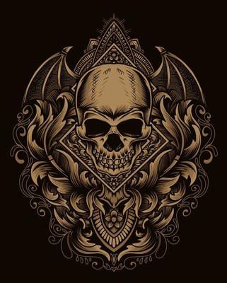 illustration demon skull head with antique engraving ornament