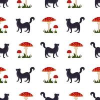 Seamless pattern with amanita mushroom with red hat and white dots, grass and black cat. Bright fly agaric and animal print vector