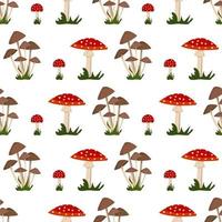 Seamless pattern with amanita mushroom with red hat and white dot, toadstool and grass. Bright fly agaric print vector