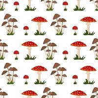 Seamless pattern with amanita mushroom with red hat and white dot, toadstool and grass. Bright fly agaric print vector