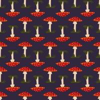 Seamless pattern with amanita mushroom with red hat and white dots and grass on dark background. Bright fly agaric print vector