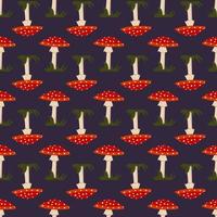 Seamless pattern with amanita mushroom with red hat and white dots and grass on dark background. Bright fly agaric print vector