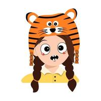 Avatar of girl with emotions panic, surprised face, shocked eyes in tiger hat. Cute kid with scared expression in carnival costume for New Year, Christmas and holiday. Head of adorable child vector