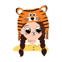 Avatar of girl with big heart eyes and kiss lips in tiger hat. Cute kid with joyful face in festive costume for New Year, Christmas and holiday. Head of adorable child with happy emotions vector