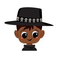 Avatar of an African American boy with dark skin, big eyes and a wide happy smile wearing a hat with a skull. The head of a child with a joyful face. Halloween party decoration vector
