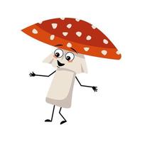 lindo personaje de amanita con emociones alegres, cara sonriente, ojos felices, brazos y piernas. Hongo agárico de mosca del bosque con expresión amable vector