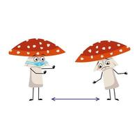 Cute amanita character with sad emotions, face and mask keep distance, arms and legs. Fly Agaric Mushroom from forest with depression expression vector