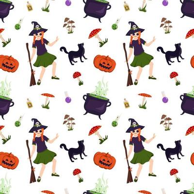 Halloween seamless pattern with girl witch, black cat, pumpkin, toadstool and fly agarics. Festive print with October holiday elements