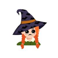 Girl with angry emotions, grumpy face, furious eyes in a pointed witch hat with bats. Head of cute child with furious expression in carnival costume for the holiday or Halloween party vector