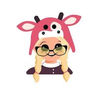 Avatar of girl with blonde hair, big eyes, glasses and wide happy smile in a cow hat. Head of cute child with joyful face in carnival costume for holiday, Christmas or New year vector